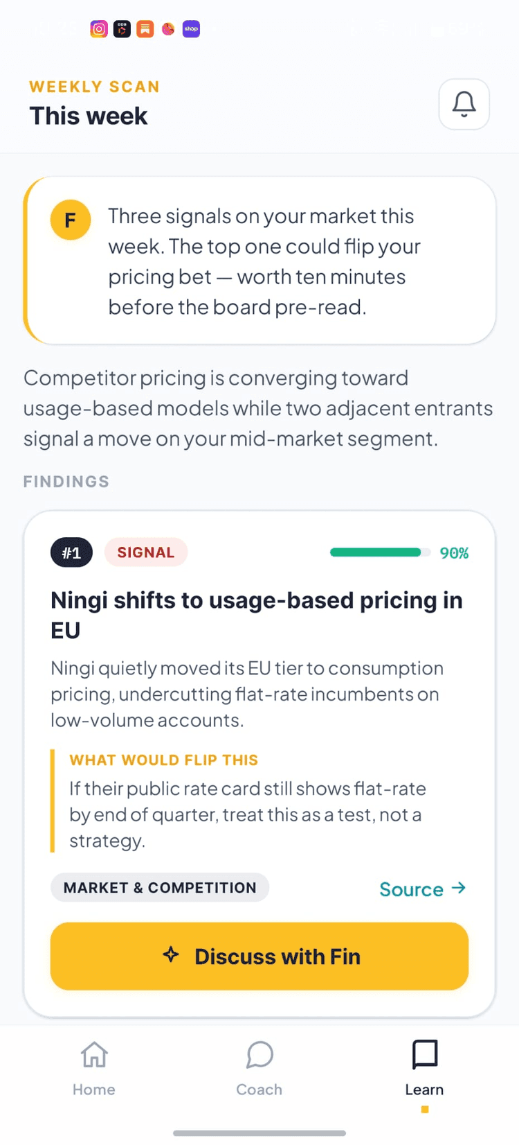 Actuo mobile app weekly scan screen surfacing market signals that could flip your strategic bets